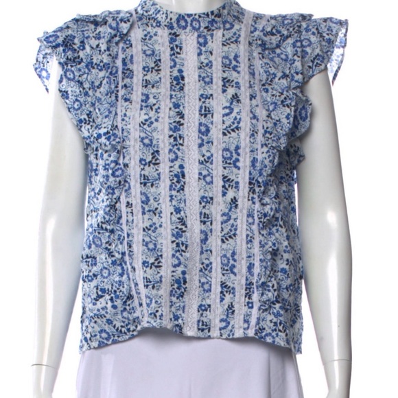 Veronica Beard White and Blue Floral print Mock neck Ruffle Blouse - Picture 6 of 12